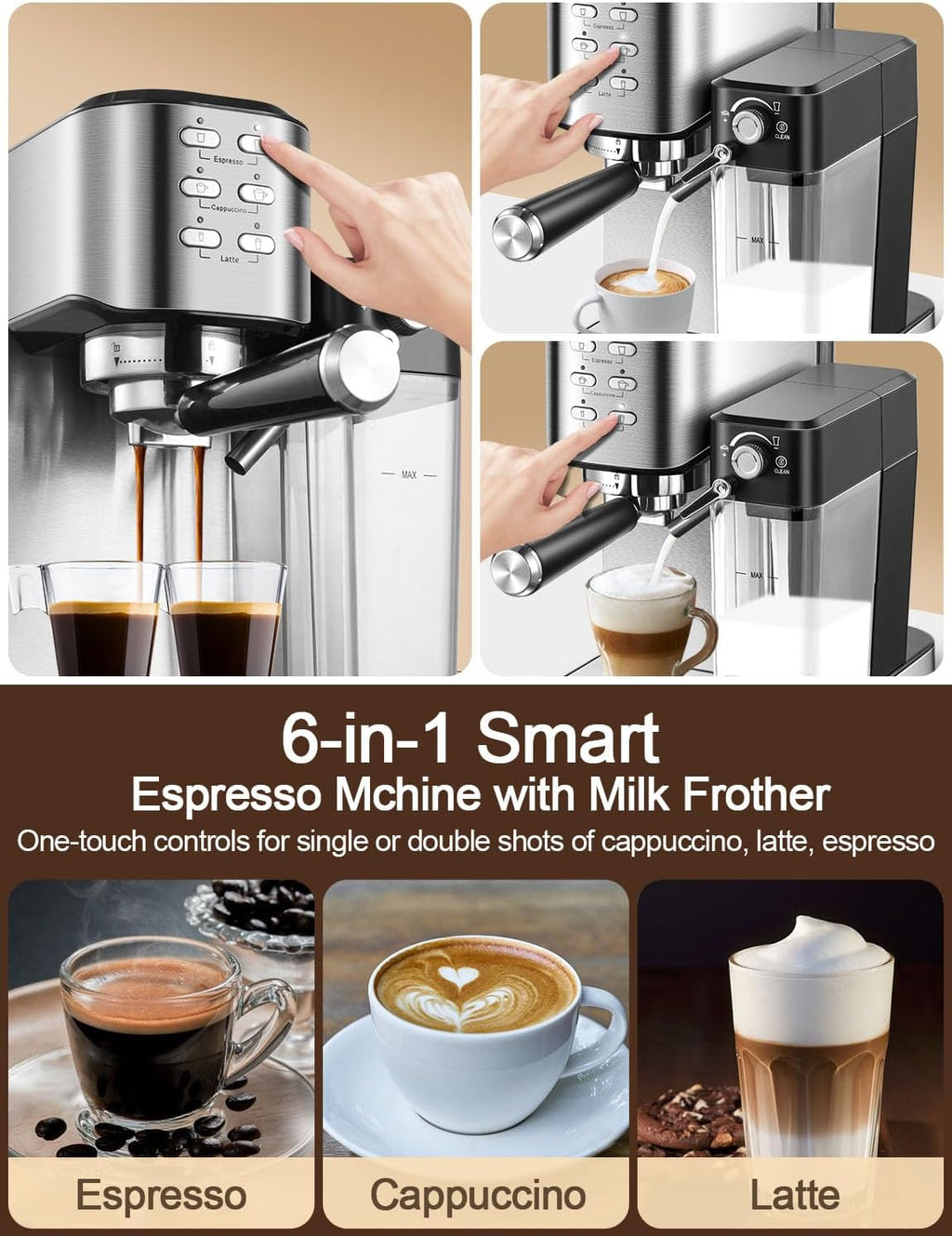 20 Bar 6 in 1 Espresso Coffee Machine with Milk Frother and 1000ML Water Tank Z55806