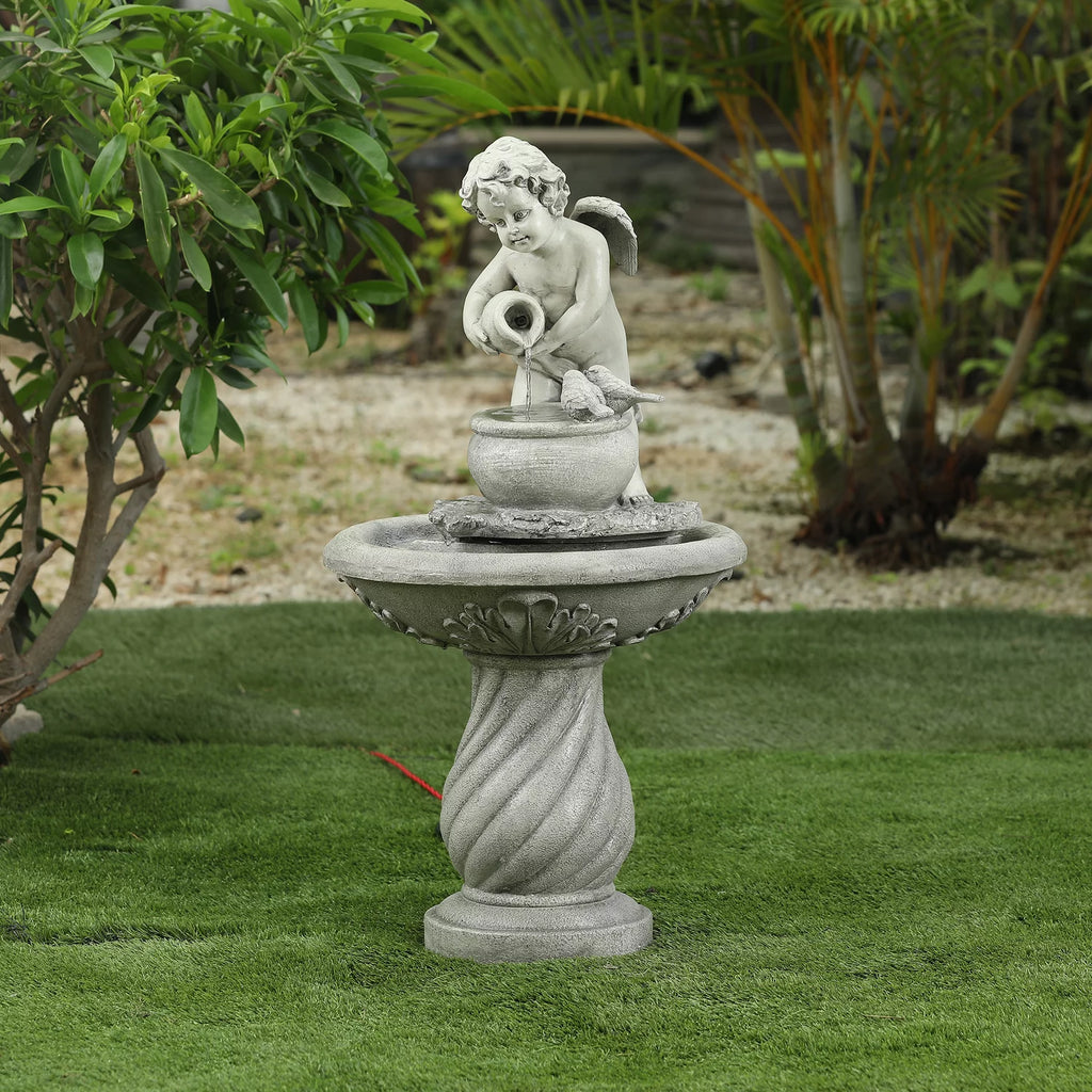Gray Resin Cherub Birdbath Fountain F6423