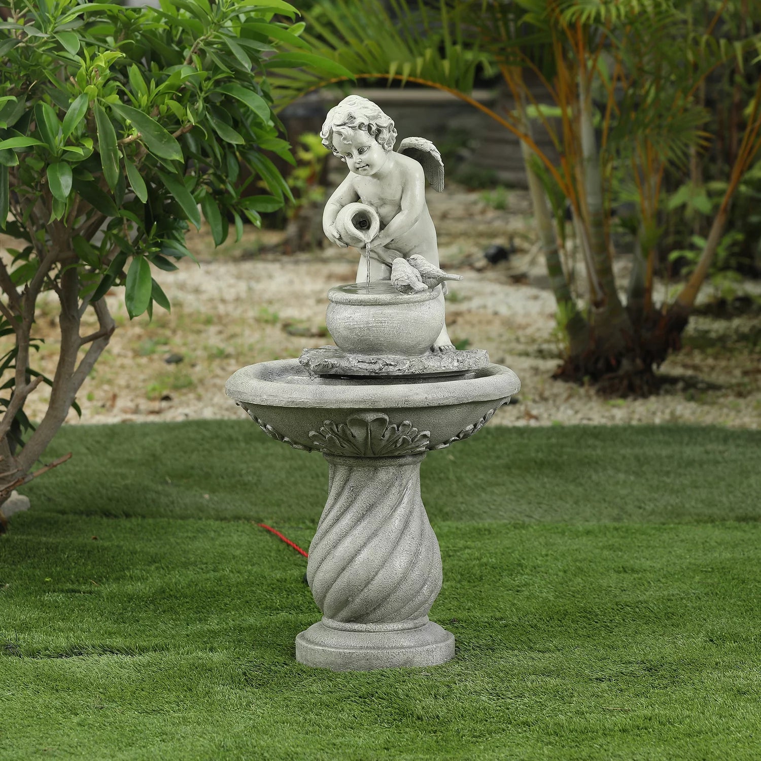 Gray Resin Cherub Birdbath Fountain F6423