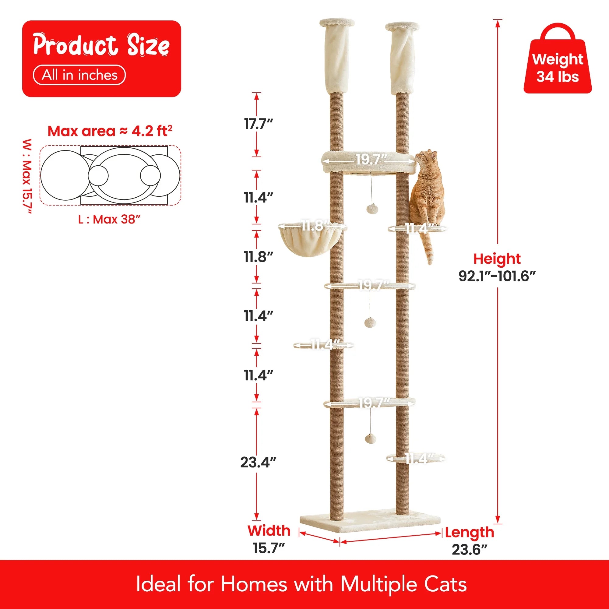 Beige Adjustable Height 7 Tiers Cat Tree with Hammock H683179
