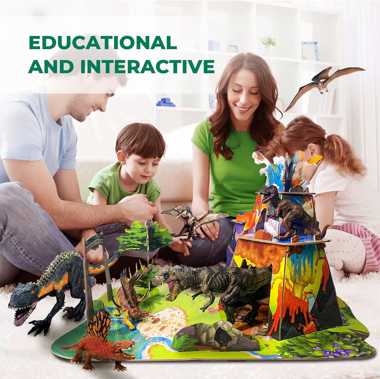 Realistic Dinosaur Toys, Large Dinosaur Figure Sets Including Movable T-Rex, Triceratops, Indoraptor and 3D Volcano Puzzles N199