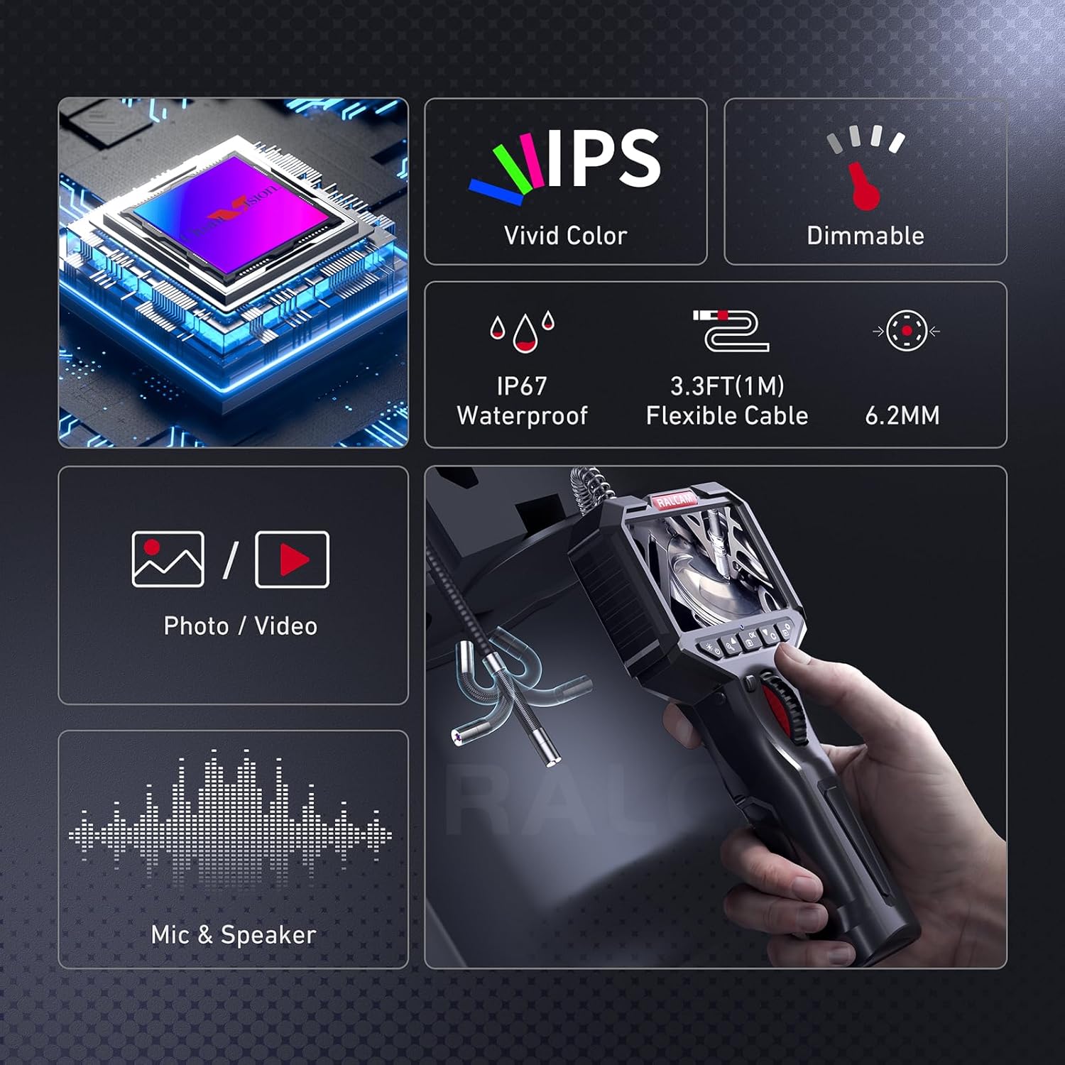 Articulating Borescope, 2-Way 180° Inspection Camera, 6.2mm Lens IP67 Waterproof Probe, 3.5'' Portable IPS Screen Endoscope with 3.3FT/1.0M Flexible Cable N6489