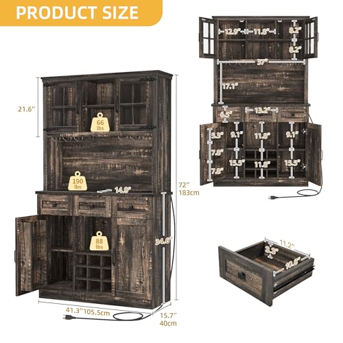 72" Dark Rustic Oak Coffee Bar Cabinet with Storage Shelves and 3 Drawers C98368