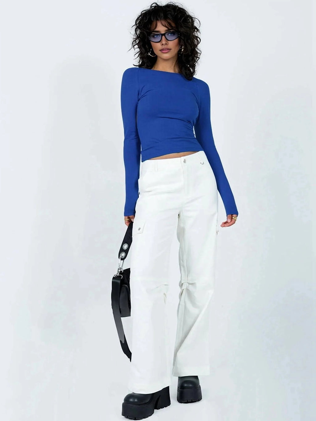 Royal Blue Open Back Long Sleeve Crop Top T-Shirt P159