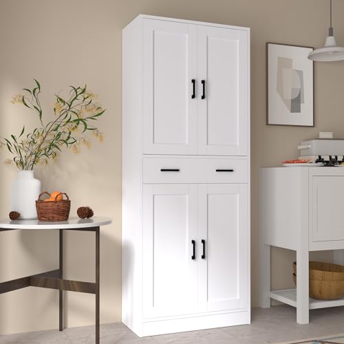 White 71" Tall Kitchen Storage Cabinet with doors and drawer Z540
