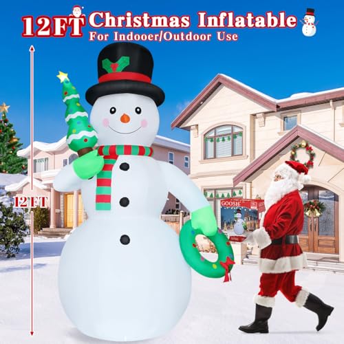 12 FT Christmas Inflatable Snowman with Christmas Tree & Wreath Built-in LEDs N347064