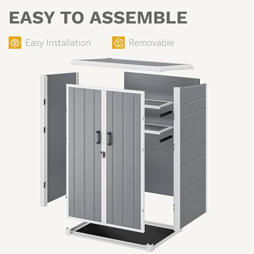 60 Cuft Outdoor Tall Storage Shed with 2 Shelves, Weatherproof Vertical Tool Shed with Floor & Lockable Doors, Double-Wall Plastic Cabinet (Gray) J68129