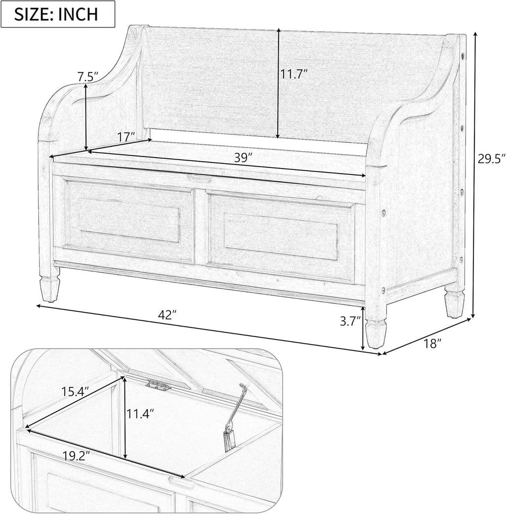 Rustic Storage Bench with Backrest and Hidden Storage, Gray Wash+Beige I28424