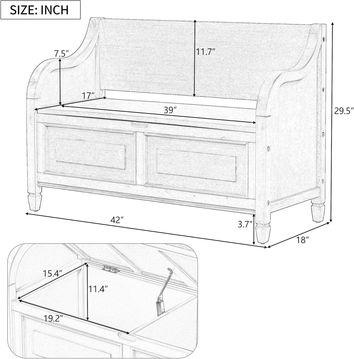Rustic Storage Bench with Backrest and Hidden Storage, Gray Wash+Beige I28424