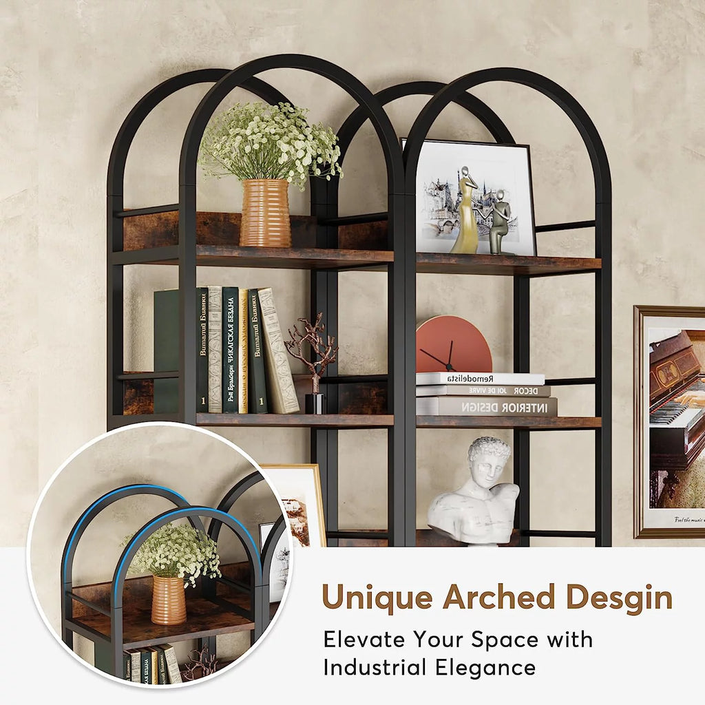 6-Tier Open Bookshelf, 78.7" Tall Arched Bookcase with Metal Frame, Rustic Brown A4183