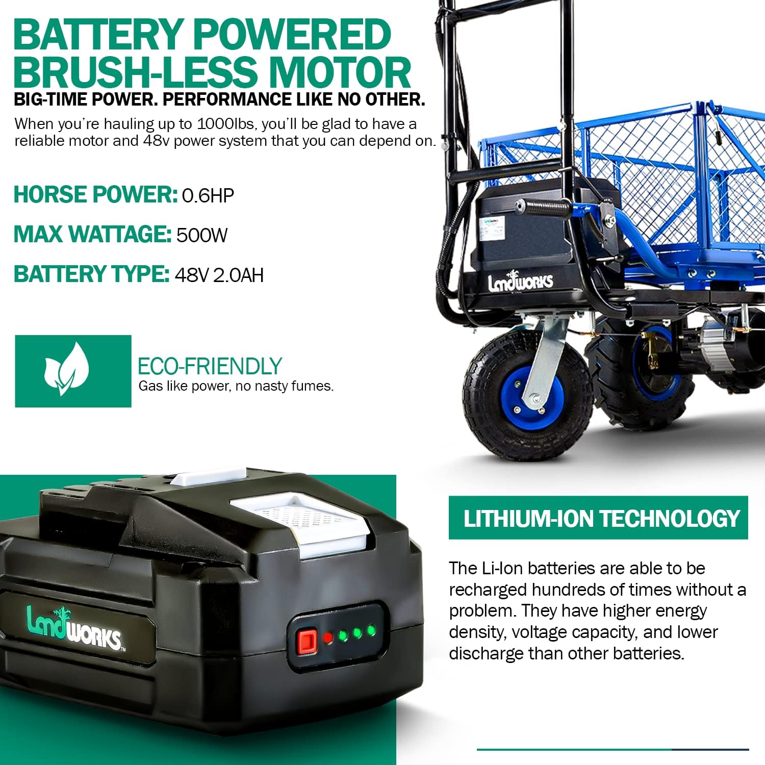 Utility Service Cart Wheelbarrow Electric 48V DC Li-Ion Battery Powered 500LBS Load I3707