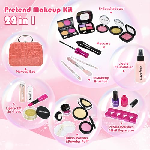 Pretend Makeup Kit for Girls: Kids Pretend Play Makeup Set with Cosmetic Bag - Fake Makeup Toy Set for Toddler - Little Girls Age 3+ (Not Real Makeup) Orange J4664