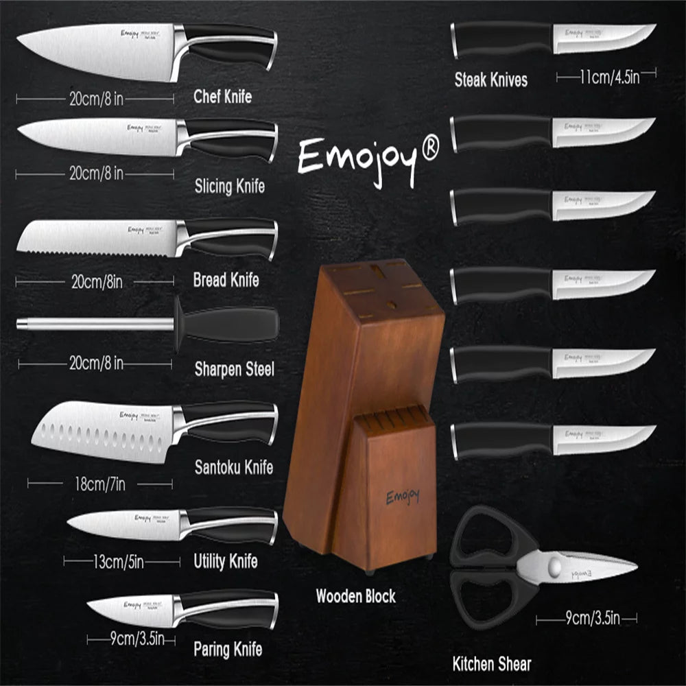 15-Pcs Black Stainless Steel Knife Set with Block O362