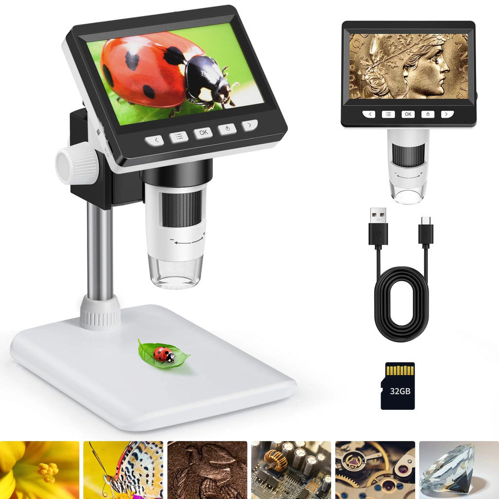 4.3 Inch IPS Screen 1-1000X Magnification Zoom Digital Microscope with 8 Adjustable LED Lights L33054
