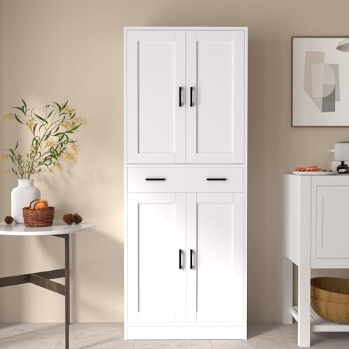White 71" Tall Kitchen Storage Cabinet with doors and drawer Z540