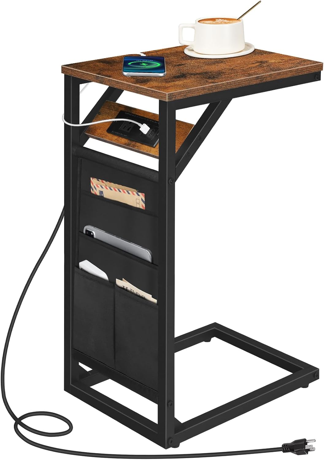 Rustic Brown and Black C-Shaped End Table with Charging Station and Storage Bag J35865