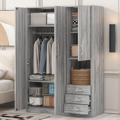Grey 3 Door Wooden Wardrobe Closet with Drawers and Hanging Rail X2355