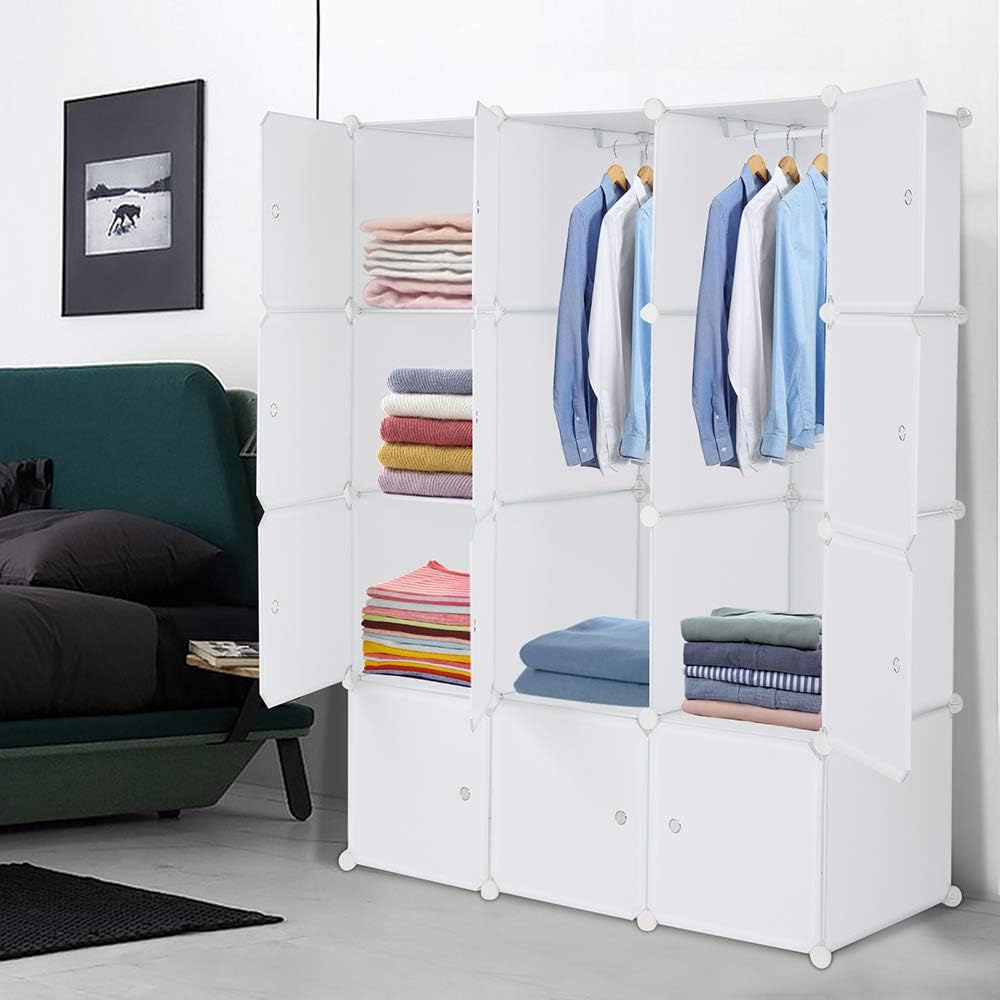 White 12 Cube Plastic Storage Shelves with Hanging Rod S29778