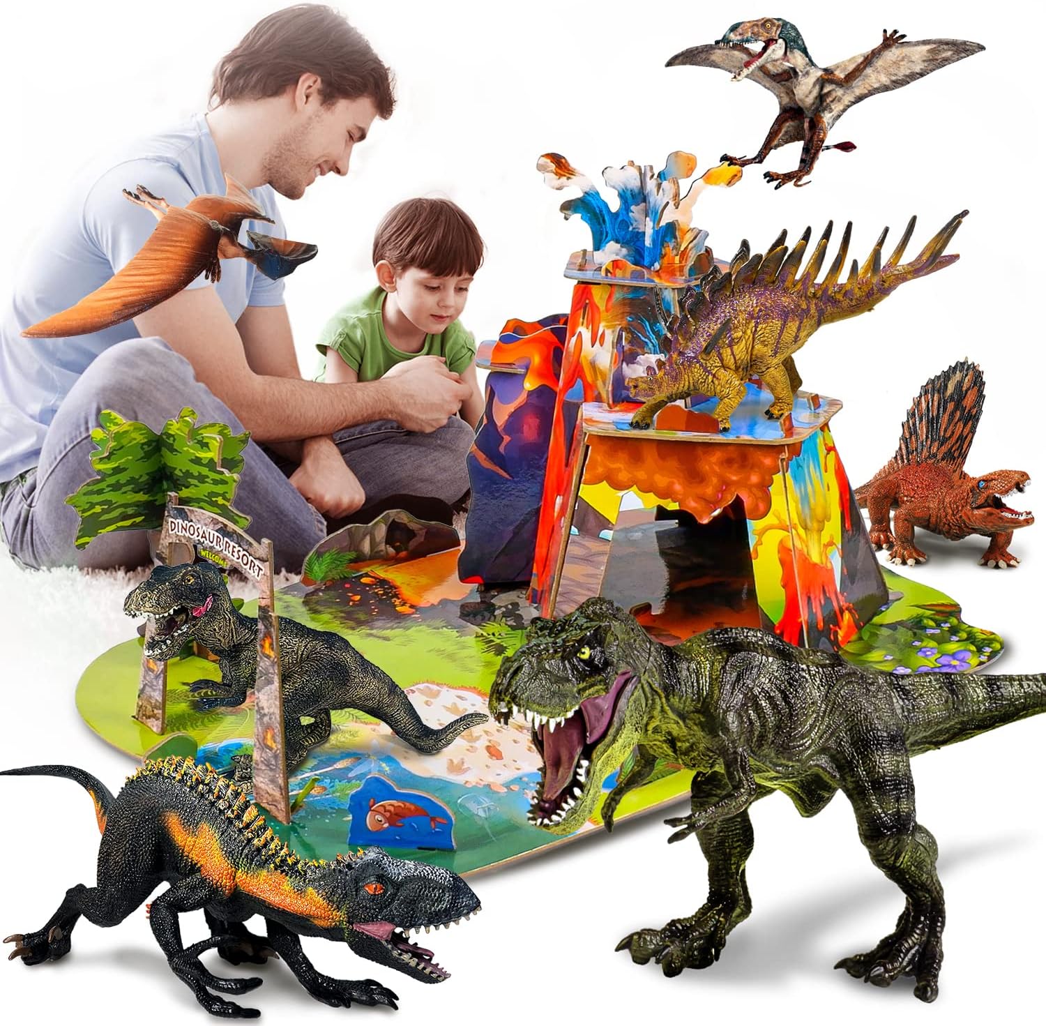 Realistic Dinosaur Toys, Large Dinosaur Figure Sets Including Movable T-Rex, Triceratops, Indoraptor and 3D Volcano Puzzles N199