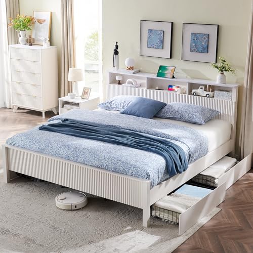Dark Grey King Bed Frame with Bookcase Headboard and 4 Drawers B739
