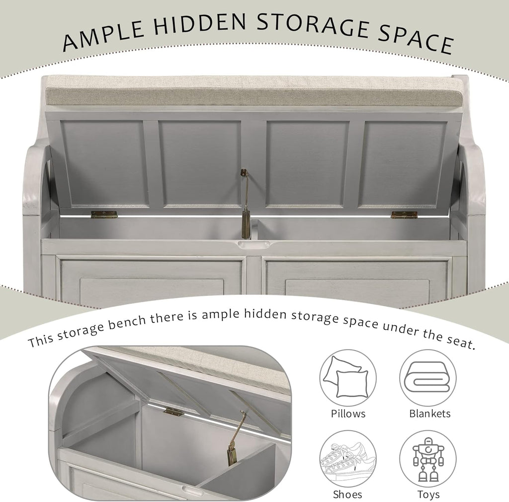 Rustic Storage Bench with Backrest and Hidden Storage, Gray Wash+Beige I28424