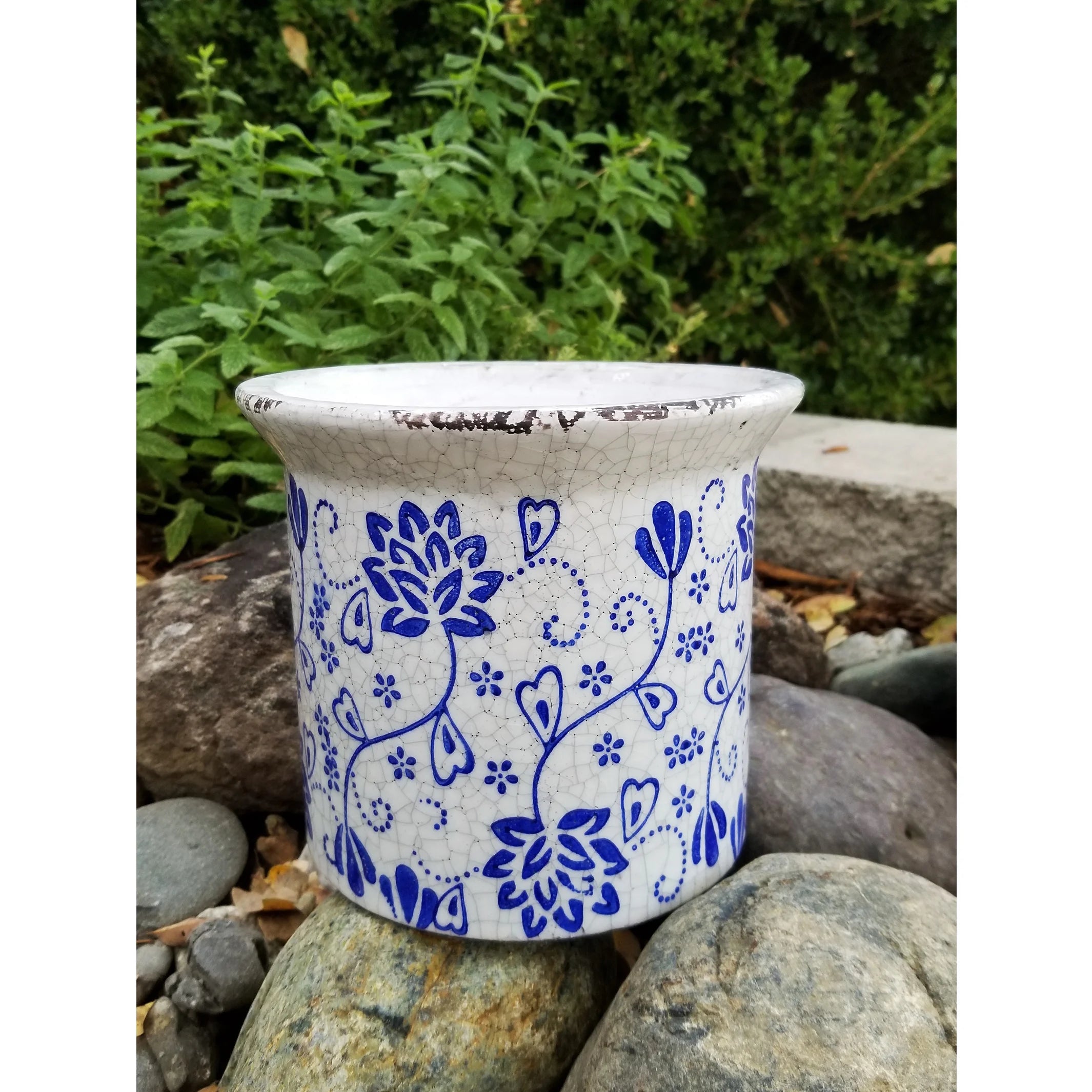 Blue and White Ceramic Flower Print Planter with Flared Lip P35311