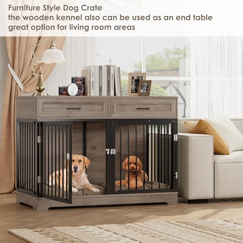 White Wooden Dog Crate with Removable Divider and 2 Storage Drawers H839564