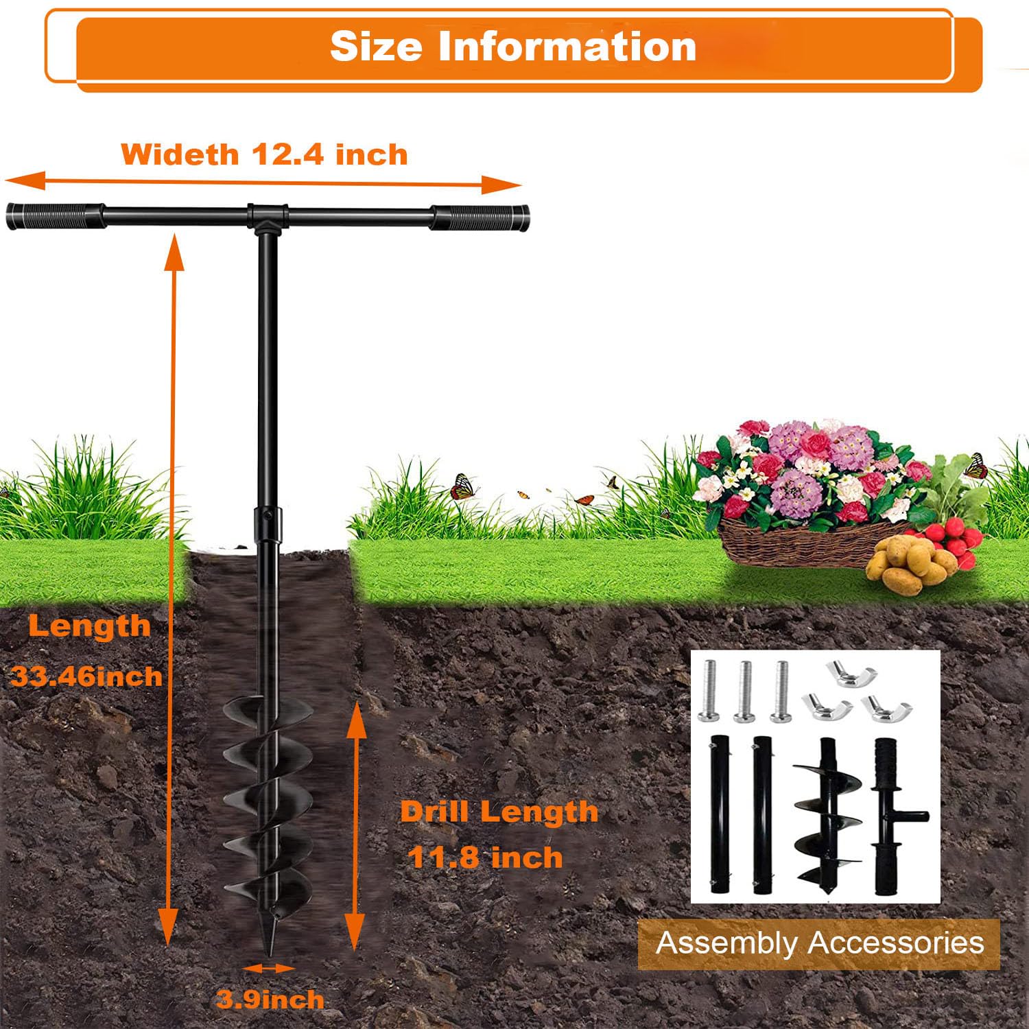 Handheld Garden Auger Spiral Drill, 32''x 4" with Non-Slip Handle F27076