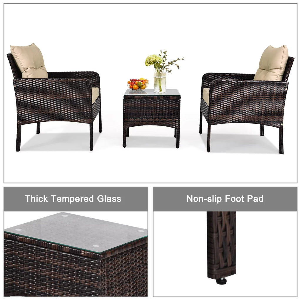 Brown 3PCS Patio Outdoor Rattan Furniture Set with Cushioned Chairs Coffee Table Q873
