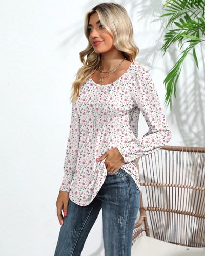 Puff Long Sleeve Tunic Tops Pleated Crew Neck Blouses Y56045