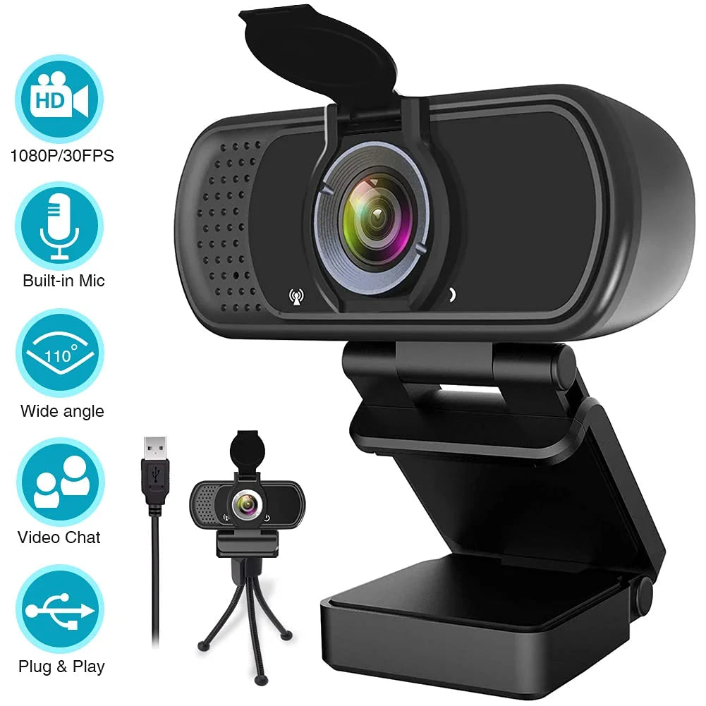 1080P Webcam with Microphone and Tripod Stand, Black E6504