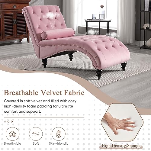 Pink Velvet Button Tufted Chaise Lounge Chair with Lumbar Pillow S7115