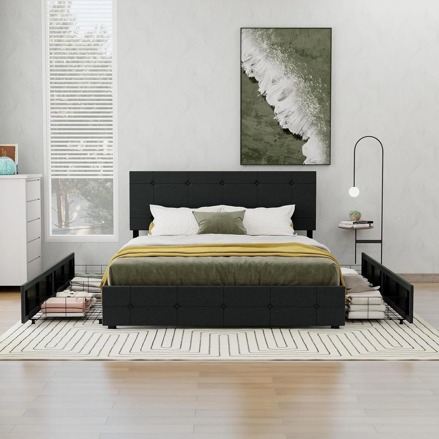 Black Linen Queen Size Platform Bed Frame with 4 Storage Drawers F9730