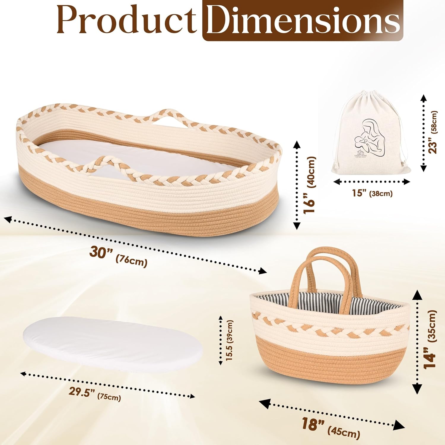Baby Changing Basket with Thick Foam Mattress, Waterproof Cover, Storage Bag Y58456
