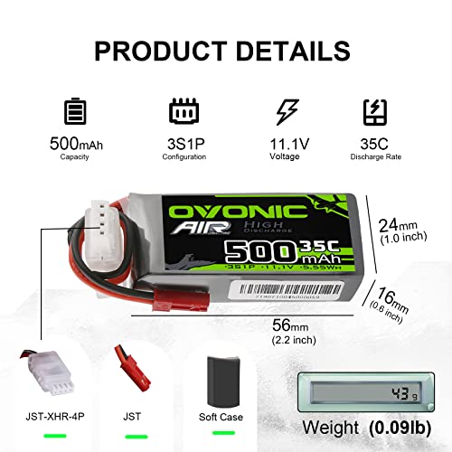 3S 11.1V 500mAh 35C Lipo Battery with JST Connector (2 Packs) W3590