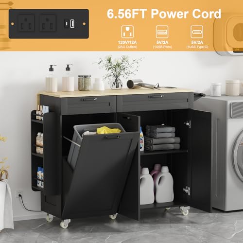 Rolling Kitchen Island with Power Outlet & Drop Leaf, Trash Storage Cabinet, Spice Rack & Towel Rack, Knife Holder Y445764