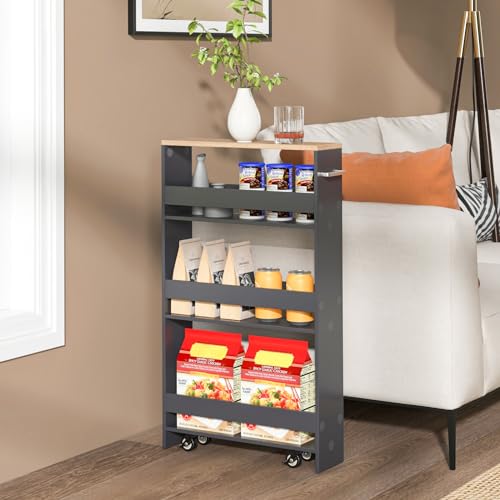4-Tier Rolling Storage Cart with Handle & Wooden Top (White & Natural) T6548