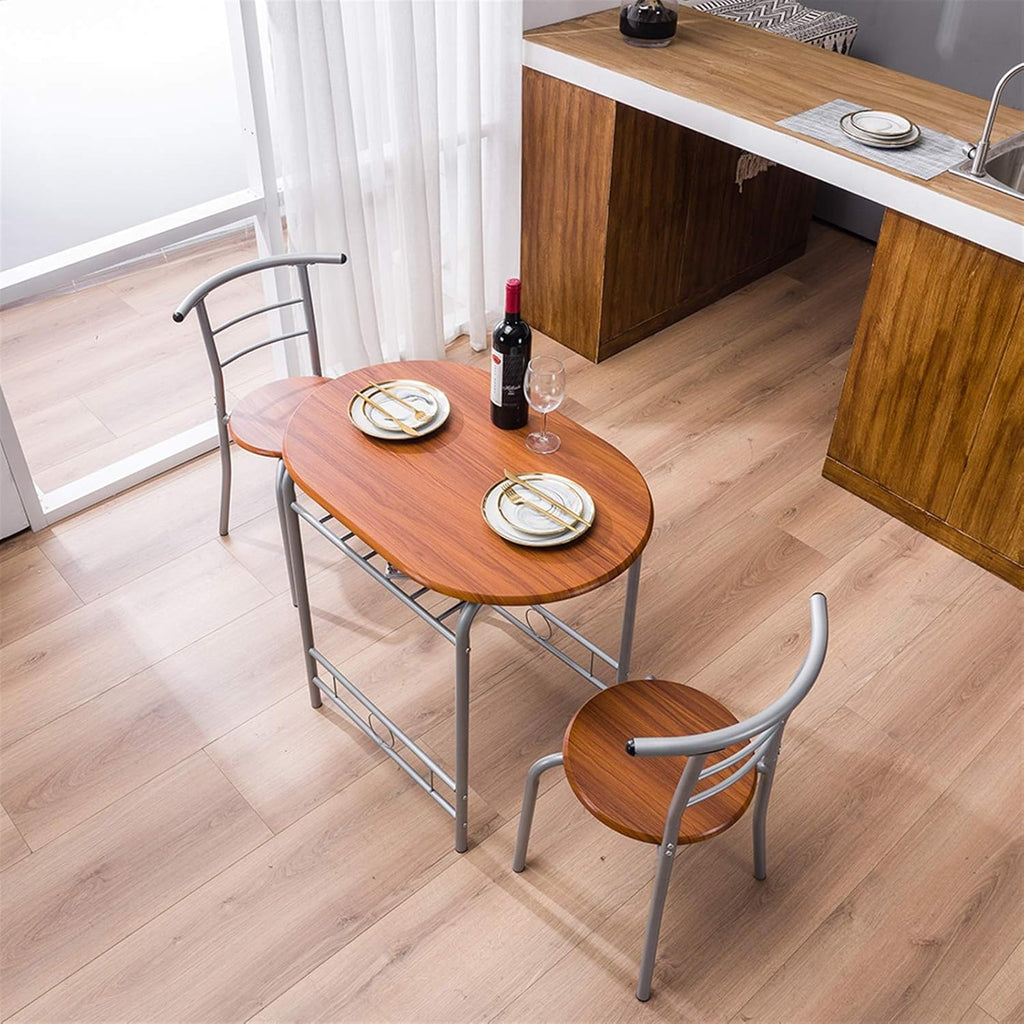 3-Piece Small Round Dining Table with Wine Storage Rack, Wood, Metal Frame, Brown Q969