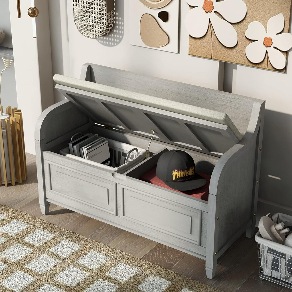 Rustic Storage Bench with Backrest and Hidden Storage, Gray Wash+Beige I28424