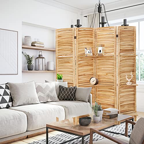 4 Panel Wooden Room Divider with Shelves (Deep Brown) L8493