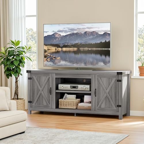 Gray Wash TV Stand with Two Barn Doors and Storage Cabinets E97307