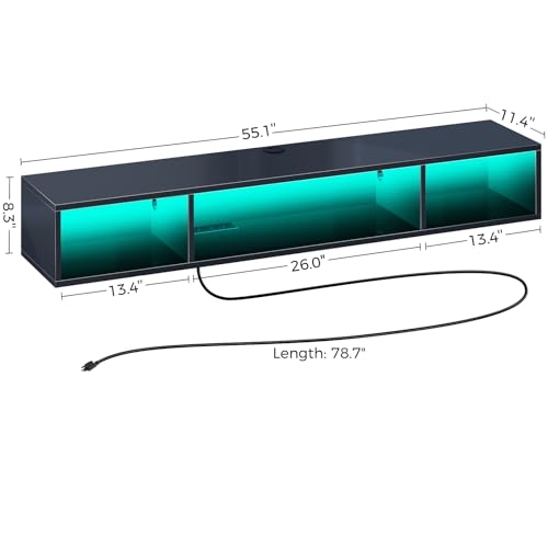 Glossy Black Wall Mounted TV Stand with Power Outlet and RGB Lights H49622