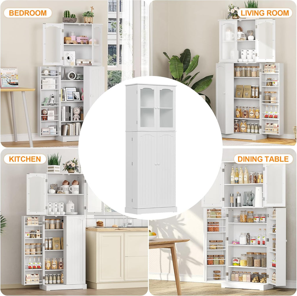White Tall Kitchen Pantry Cabinet with Glass Doors G226