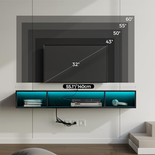 Glossy Black Wall Mounted TV Stand with Power Outlet and RGB Lights H49622