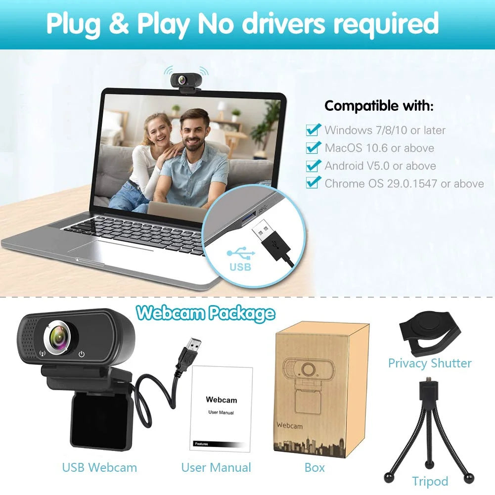 1080P Webcam with Microphone and Tripod Stand, Black E6504