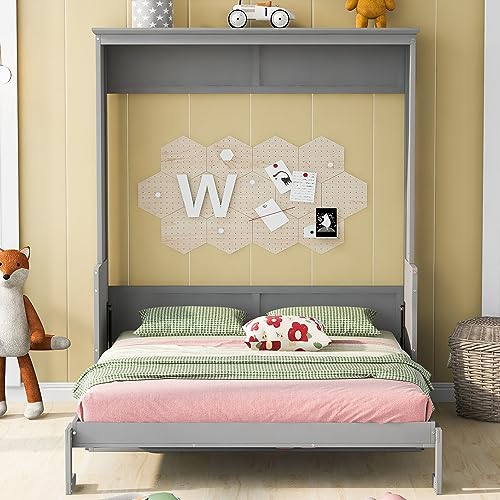 White Queen Size Murphy Bed with Storage Shelves and LED Lights Z8760