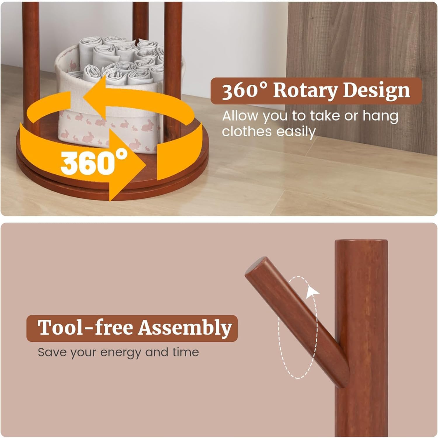Walnut Wooden Freestanding Coat Rack with 3 Shelves and 9 Hooks L3636
