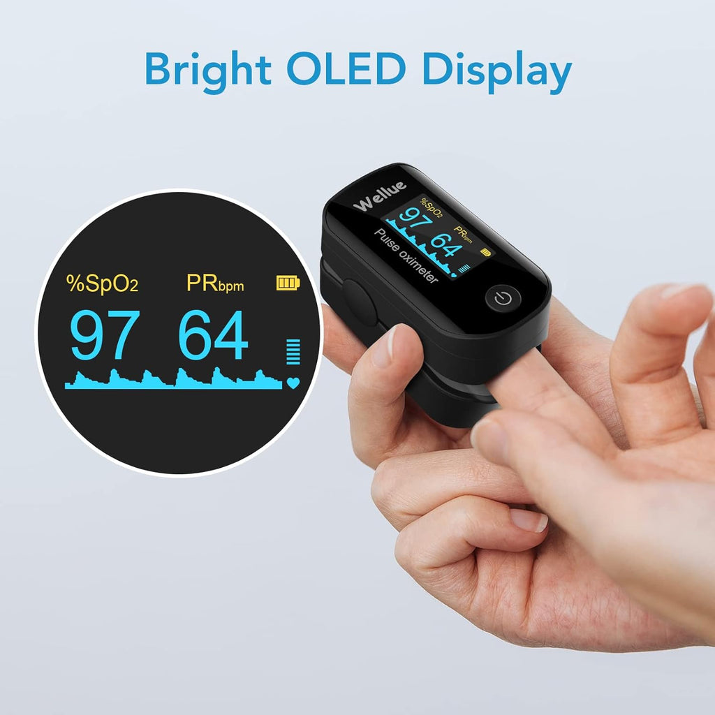 Black Bluetooth Fingertip Pulse Oximeter with Batteries and Lanyard V6195
