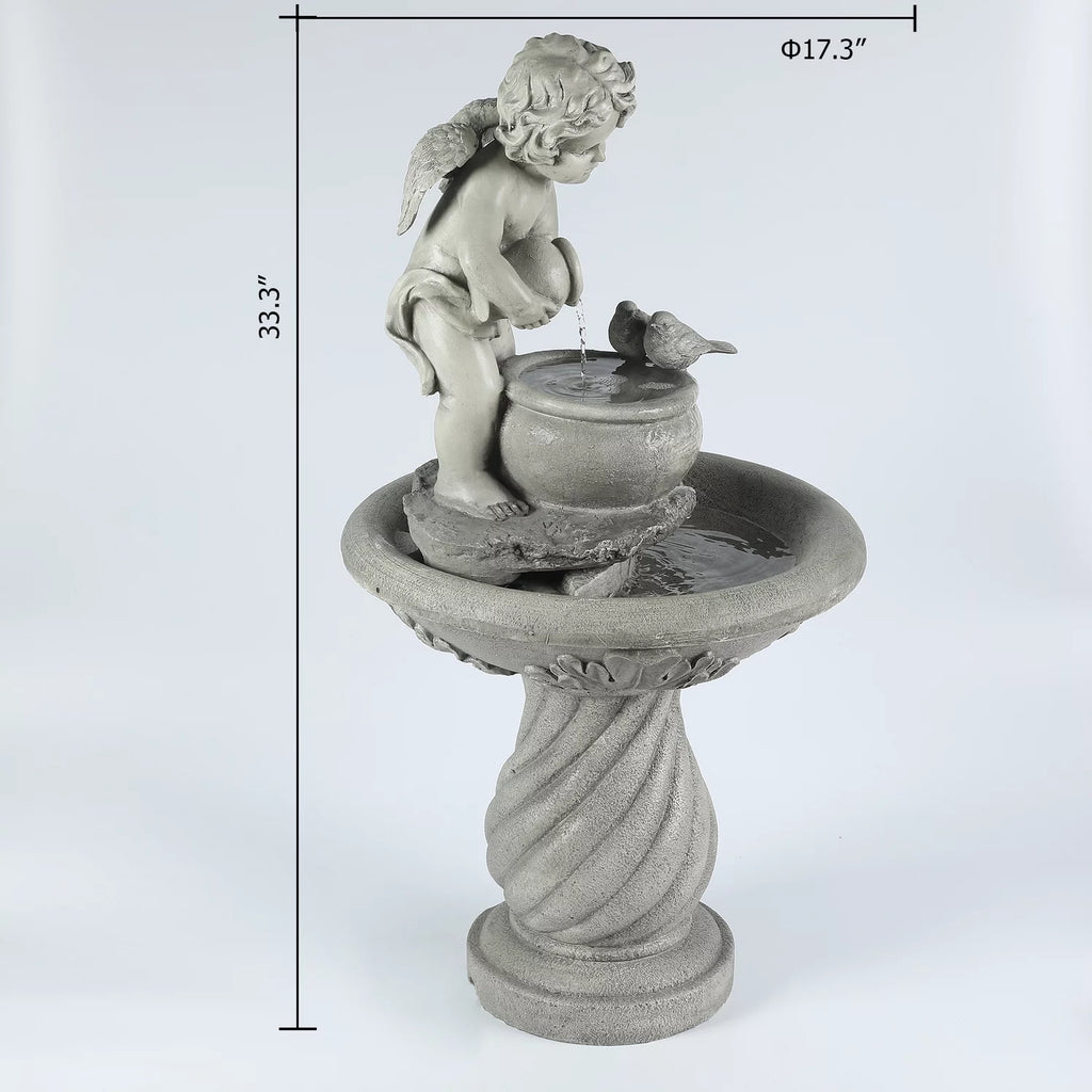 Gray Resin Cherub Birdbath Fountain F6423