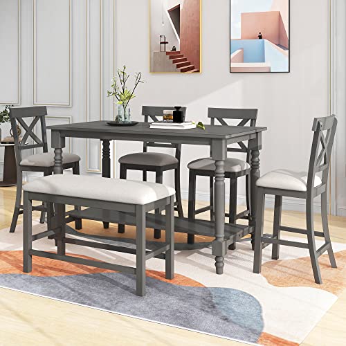 6-Piece Counter Height Table with Shelf 4 Chairs and Bench Gray L99259